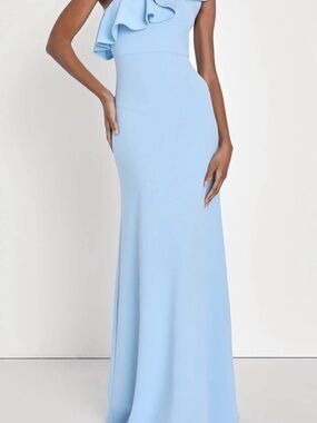 Elegant Light Blue One-Shoulder Ruffle Gown